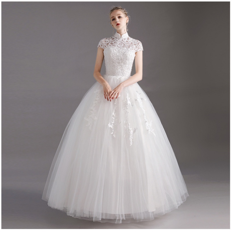 White Wedding Dresses Ball Gown High Neck Lace Flower Sequins Wedding